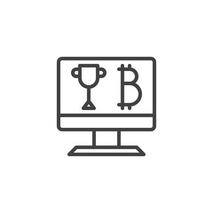 Trophy and bitcoin on computer screen outline icon. linear style sign for mobile concept and web design. Bitcoin reward simple line vector icon. Symbol, logo illustration.