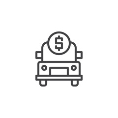 Car with dollar coin outline icon. linear style sign for mobile concept and web design. Cash collection car simple line vector icon. Symbol, logo illustration.