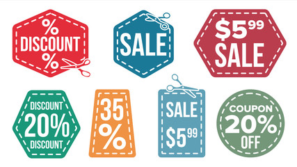 Obraz premium Sale Banners Set Vector. Scissor Line. Discount Coupon. Discount Tag. Cut Crop Border. Flat Isolated Illustration