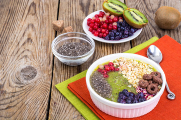 Detox menu with fresh fruit, chia seeds and cereal for breakfast. Healthy food