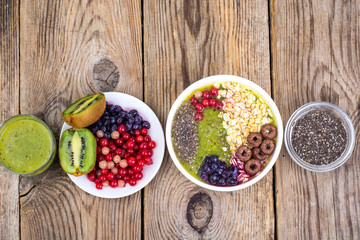 Detox menu with fresh fruit, chia seeds and cereal for breakfast. Healthy food