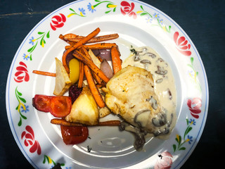 Chicken fillet, creamy sauce with mushrooms, stewed vegetables