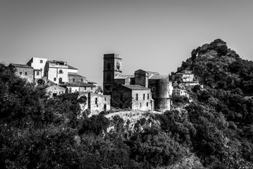 Black and white image of Savoca, a mediaval village in Sicly