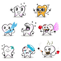 Cute tooth cartoon vector character. Medical illustration for dental. Oral hygiene icons.