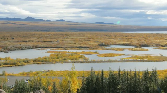 picturesque fall landscape of river in a national icelandic park with yellowed grass and moss