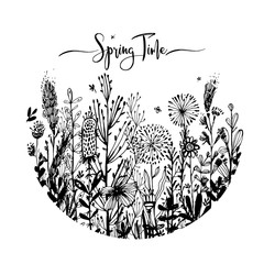 Spring time wording with hand drawn flowers in a circle, Set of black doodle elements, grass, leaves, flowers. Vector illustration, design element for congratulation cards, print, banners and others
