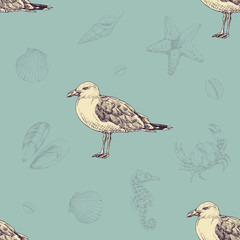 Obraz premium Vintage pattern with seagulls. Sea life