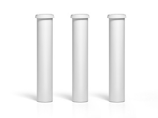 Round white matte aluminum tube with cap for effervescent or carbon tablets, pills, vitamins. Realistic packaging vector mockup template. Side view