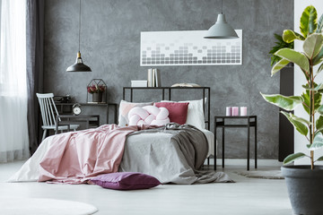 Side angle of gray bedroom