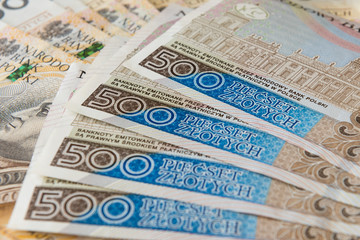 Closeup of 500 PLN banknotes. Financial background