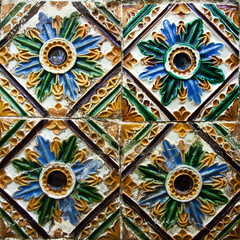 patterned colored tiles on houses symbol of Lisbon. Abstract, ornament, European authentic style