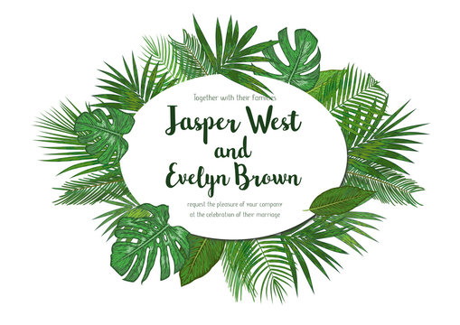 Wedding Invitation, floral invite card Design with green tropical forest palm tree leaves, forest fern greenery simple, with oval frame border. Vector