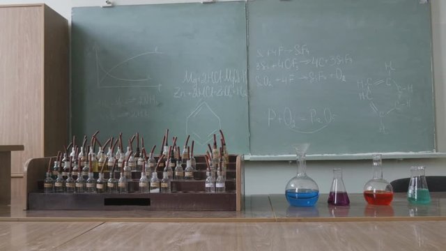 Chemistry lab or lecture room in the University, College, School. Colored flasks and chemical reagents. Background of chemical equations spelled in blackboard
