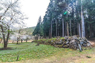 春の坂戸城跡に建つ御館の風景