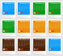 Colorful year calendar 2018 in frame with shadow. Week start on Sunday. Vector