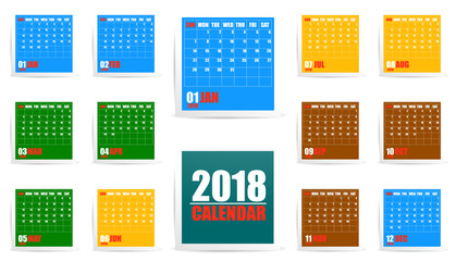 Colorful year calendar 2018 in frame with shadow. Week start on Sunday. Vector