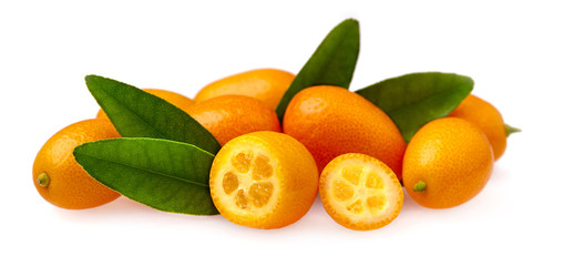 Cumquat with leaf isolated on white background close up