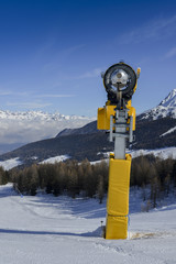 Yellow snow cannon snow maker machine, snow gun for production of snow on ski slopes