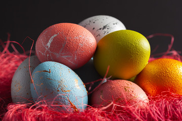 Happy easter! Easter eggs on wooden background