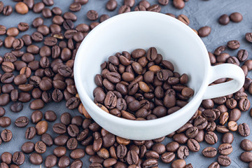 Coffee white cup with coffee beans close-up