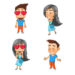 Girl and boy are in love, hearts in the eyes, send an air kiss