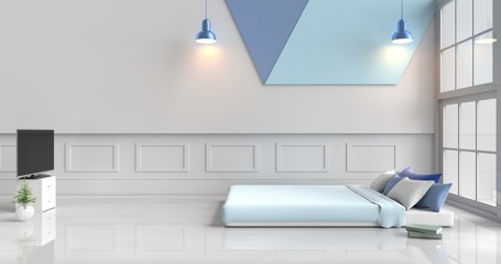 White-blue bedroom decorated with light blue bed,tree in glass vase, blue pillows, bedside table, Window, blue lamp, TV, green book, White cement wall it is pattern, white cement floor. 3d rendering.