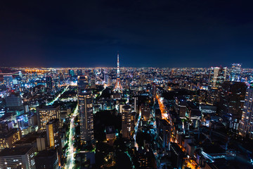 Fototapeta na wymiar Aerial view of Tokyo Tower at night in Japan