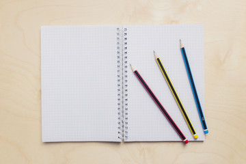 Fototapeta na wymiar Open blank notebook on wood background with pencil.