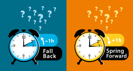 Daylight saving time date question. Colorful fall back and spring forward alarm clocks set. Colorful vector illustration.