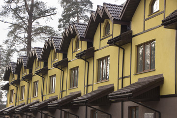 Street of new townhouses in forest close up