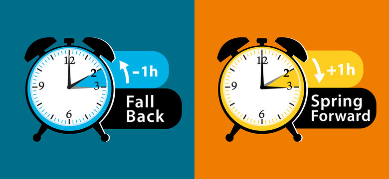Daylight saving time. Summer fall back and spring forward alarm clocks set. Colorful vector illustration.