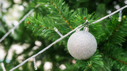 silver ball hanging on a Christmas tree.
