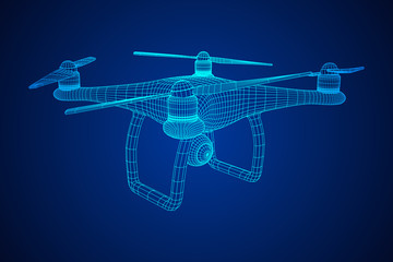 Remote control air drone. Dron flying with action video camera. Wireframe low poly mesh vector illustration