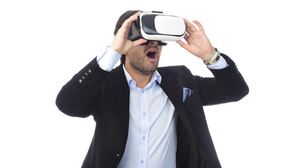 Arab Man experiencing virtual reality wearing virtual reality glasses