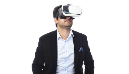 Arab Man experiencing virtual reality wearing virtual reality glasses