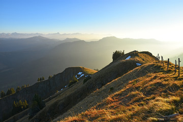 Evening mood at the summit of the Stuiben mountain in the Allgaeu Alps. Bavaria, Germany