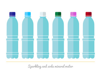 Set of bottles with mineral water in the flat style.