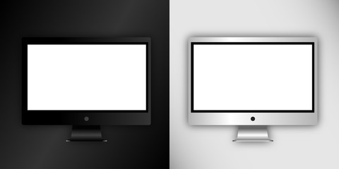 Computer monitor, isolated on black and white background with white screen. Can use for template presentation, web design and ui kits. Black and white electronic gadget, device mockup.