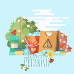 Spring cleaning vector illustration in modern flat style.