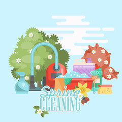 Spring cleaning vector illustration in modern flat style. - 193583692