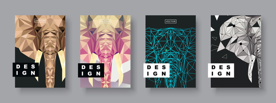 Elephant covers set. Future Poster template. Geometric animal. Polygonal halftone. Elephant silhouette illustration.