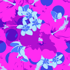 Seamless Ultraviolet Hawaiian tropical pattern with, palm leaves and flowers.