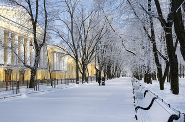 winter Park, alley of trees in Alexander Park near the Admiralty in St. Petersburg, snow, path