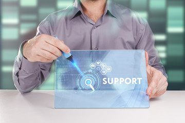 The concept of business, technology, the Internet and the network. A young entrepreneur working on a virtual screen of the future and sees the inscription: Support