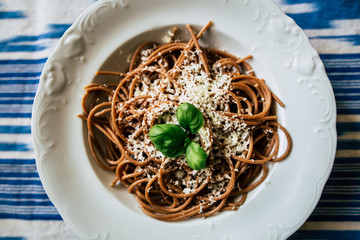 Wholemeal spaghetti close up