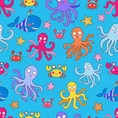 Seamless vector pattern with underwater creatures like octopus, crab, whale, starfish. Lovely vector illustration.