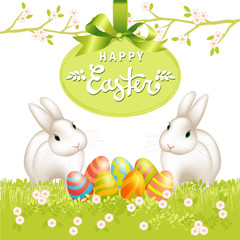 Happy Easter card with two cute easter bunny and colored eggs on green grass. Blossom tree brahcnes. Colorful vector card