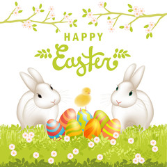 Happy Easter card with two cute easter bunny and colored eggs on green grass. Blossom tree brahcnes. Colorful vector card
