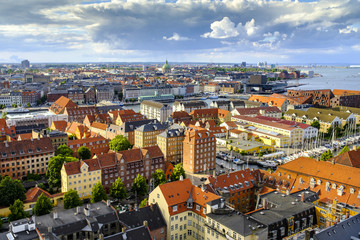 Naklejka na ściany i meble Denmark - Zealand region - Copenhagen city center - panoramic aerial view of the central Copenhagen and outskirts in the background