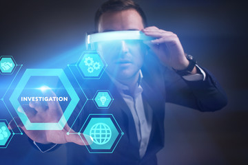 Business, Technology, Internet and network concept. Young businessman working in virtual reality glasses sees the inscription: Investigation